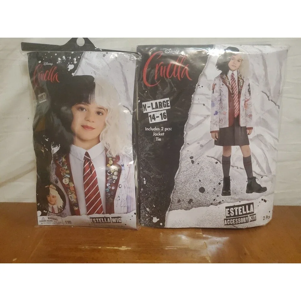 Disney Cruella Estella Girls Halloween Costume Accessory Kit Wig Size 14-16 NEW